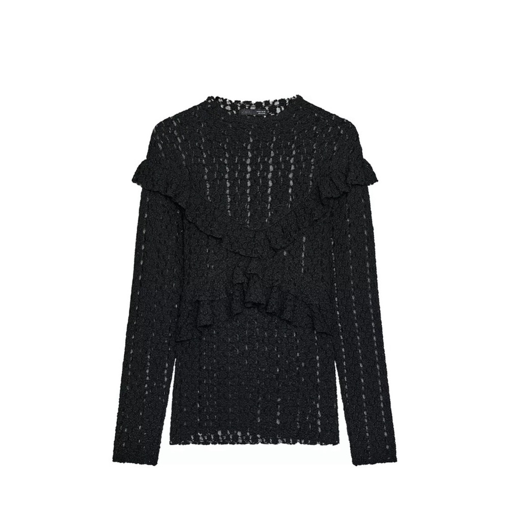 Zara Black Textured Ruffle Blouse